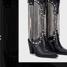 Nwt These Black Rhinestone, Jewel, Studs, And Fringe Detailing With Side, Zipper Closures Has For And Shaft Absolutely Gorgeous Fringe Cowboy Boots, Black Cowgirl Boots, Distressed Leather Boots, Dolls Kill Shoes, Black Cowgirl, Rhinestone Fringe, Leather Boots Heels, Brown Suede Boots, Present Perfect