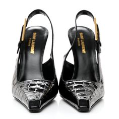 This is an authentic pair of SAINT LAURENT Calfskin Crocodile Embossed Slingback Graham Pumps size 38 in Black. These chic heels are crafted patent leather in Black. The pumps feature a sharp 4.5-inch wrapped stiletto and an elongated toe. Chic Heels, Saint Laurent Shoes, Emboss, Patent Leather, Calf Skin, Saint Laurent, Pumps, Heels, Leather