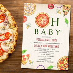 a pizza baby shower is shown next to a slice of pizza on a wooden table