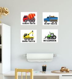 three children's wall decals with trucks and construction vehicles on them in a child's room