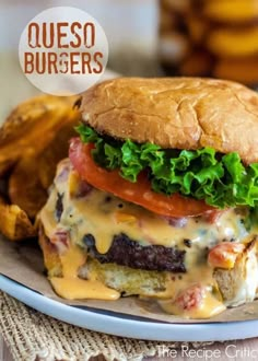 a cheeseburger with lettuce, tomato and other toppings sits next to some fries