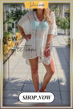 Handmade Boho Crochet Knitted Short White Beach Cover Ups Dress White V-neck Crochet Dress For Beach, White Crochet V-neck Dress For Beach, White Beachy Crochet Dress With V-neck, Casual Crochet Dress With Short Sleeves For Summer, White V-neck Crochet Beach Dress, White Crochet Beach Cover-up, V-neck Crochet Lace Dress For Beach Cover-up, Vacation Crochet Lace Dress With Open Knit, Knit Crochet Dress For Beach Cover-up