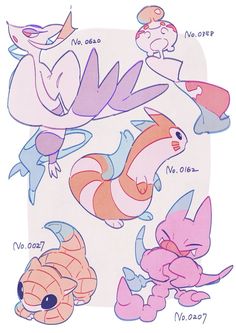 some very cute pokemons with different colors and shapes on them, all in various poses