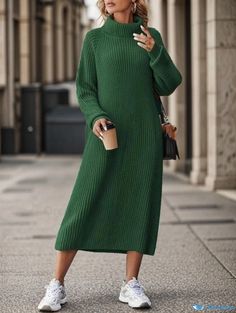 Orcajump - Long-Sleeved Knitted Turtleneck Sweater Dress for Winter, Loose Fit, Knee-Length, Perfect for Casual, Layered or Standalone Dress For Winter, Knitted Turtleneck, Turtleneck Sweater Dress, Daily Dress, Winter Dresses, Turtleneck Sweater, Dark Green, Knee Length, Sweater Dress