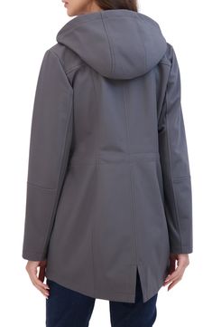 Stay dry in this wind- and water-resistant hooded softshell coat constructed with knit underarm panels for added comfort. 32 1/2" length Front zip closure with snap storm placket Drawcord hood Front zip pockets; front snap-flap pockets Back vent Partially lined 100% polyester Machine wash, line dry Imported Nordstrom Store, Flap Pocket, Nordstrom Rack, Zip Pockets, Water Resistant, Nordstrom, Size Medium, Water