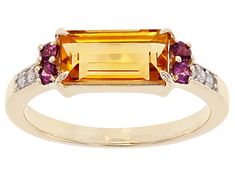 1.35ct Baguette Citrine With 0.17ctw Round Rhodolite And 0.05ctw Round White Diamond 10k Yellow Gold Band Ring. Measures Approximately 0.75"L x 0.22"W. Ring For Index Finger, Yellow Citrine Ring, Sparkly Things, Index Finger, Yellow Citrine, Citrine Ring, Gold Band Ring, Citrine Gemstone, Royal Jewelry