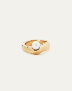 Irregular shaped ring with offset freshwater pearl. Choose between brass with 18K plating, sterling silver or solid 14k gold. Made in NYC For 14k gold, please allow 5 to 6 weeks for your order to be crafted and shipped. Gold Plated Open Pearl Ring, Dream Jewelry, Fresh Water, Freshwater Pearls, Plating, Brass, Sterling Silver, Ring, Silver