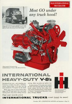 the international heavy duty v8 - 8's advertisement is shown in red and white