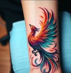 a colorful bird tattoo on the foot of a woman's leg, with an intricate design