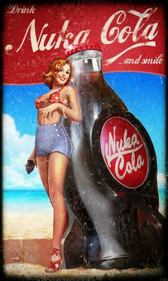 a painting of a woman standing next to a coca - cola machine with the words nuka cola and smile on it