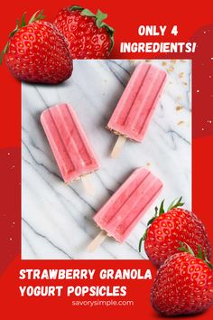 strawberry granola yogurt popsicles on a marble background