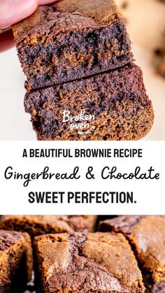 chocolate brownie recipe with gingerbread and chocolate sweet perfectionion on the side, in front of a white background