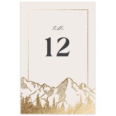 a table number card with gold foil on it and mountains in the background that reads 12