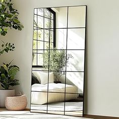 a large mirror sitting on top of a wooden floor next to a potted plant