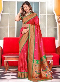 Turn heads with our exclusive Red Zari And Thread Woven Soft Paithani Silk Saree! Made with the highest-quality materials, this saree is perfect for any occasion. Stand out in style with its unique design and contrast blouse. A must-have for fashion-forward individuals in USA, UK, and Canada. The unstitched blouse can be customized unto 44 inches. Do Note: All the accessories shown are for styling purpose only. Slight color variation may occur due to photographic reasons. Fall and Pico : Done Dr Red Traditional Wear With Pallu In Paithani Silk, Red Bollywood Paithani Silk Traditional Wear, Red Bollywood Style Paithani Silk Traditional Wear, Transitional Red Paithani Silk Blouse Piece, Red Paithani Silk Saree For Navratri, Red Paithani Silk Blouse Piece With Cutdana, Red Paithani Silk Blouse Piece With Self Design, Traditional Red Paithani Silk Blouse Piece, Red Paithani Silk Traditional Wear For Transitional Season