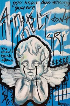 a painting of an angel holding his hands to his face with graffiti all over it