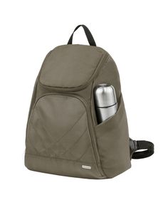 a backpack with a bottle in it and a cup on the front pocket that is open