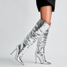 Shop Silver Metallic-color Fashion Pointed Toe Stiletto Knee High Slouch Boots color Silver for Anniversary, Going out, Hanging out with worldwide Free shipping & Free return. Silver Fitted Heeled Boots With Pointed Toe, Silver Fitted Pointed Toe Heeled Boots, Chic Knee-high Boots For Spring Party, Silver Knee-high Boots With Pointed Toe For Fall, Silver Knee-high Boots For Fall Party, Silver Knee-high Boots For Party In Fall, Silver Fitted Heeled Boots For Fall, Elegant Knee-high Boots For Spring Party, Elegant Spring Party Knee-high Boots