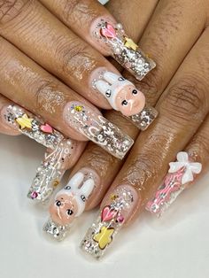 Sonny Angel Nails, Long Acrylic Nail Designs, Transparent Nails, Nail Jewelry, Sonny Angel