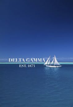 a sailboat floating on top of the ocean under a blue sky with words delta gumm