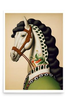 a painting of a white horse wearing a bridle on it's head