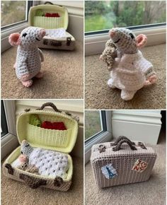 crocheted suitcases are shown in four different pictures, including one with a stuffed animal inside