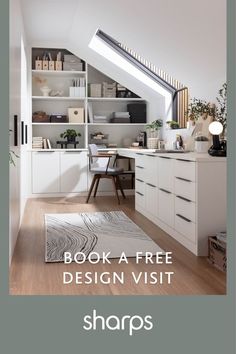 the interior of a loft with white furniture and bookshelves on top of it