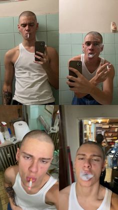 four pictures of men brushing their teeth in front of a mirror with one man taking a selfie and the other looking at his cell phone