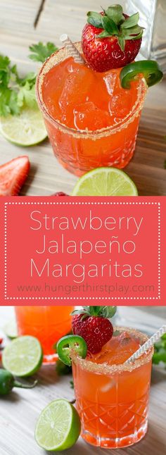 strawberry jalapeno margaritas with lime and strawberries