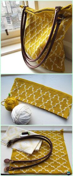 two pictures showing how to make a handbag with yarn and leather handles, including the strap