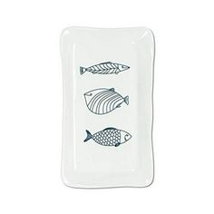 two fish on a white plate with blue accents