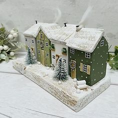 a green house with snow on the roof