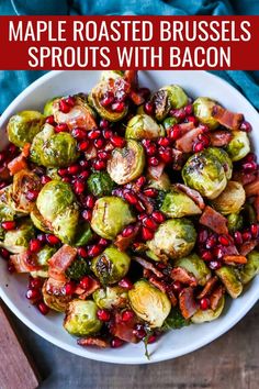 brussel sprouts with bacon and pomegranate in a white bowl