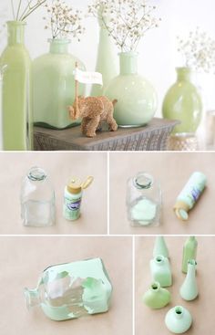 there are many different vases and bottles on the table