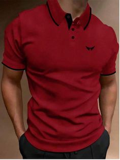 Burgundy Casual Collar Short Sleeve Fabric Animal  Embellished Non-Stretch  Men Clothing Polo Shirt Collar, Red Polo Shirt, Red Polo, Fabric Animals, Business Casual Men, Contrast Trim, Work Fashion, Shirt Collar