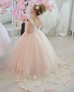 v-neck tulle pink flower girl dress with handmade flowers Flower Girl Dresses Pink And White, Flowergirls Dress Pink, Flower Girl Dresses Light Pink, Dusty Pink Flower Girl Dress, Light Pink Flower Girl Dress, Pastel Flower Girl Dresses, Flower Girl Pink Dress, Navy Blue Pink Wedding, Blush Pink Flower Girl Dress