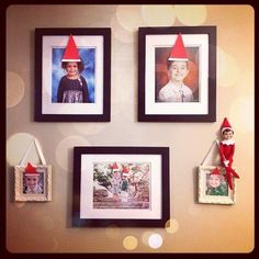 the elf is hanging on the wall next to three framed pictures with photos attached to them