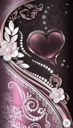 an abstract pink and black background with hearts, flowers and swirls on the side