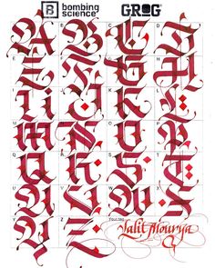 some type of calligraphy that is red and has many different letters in the middle