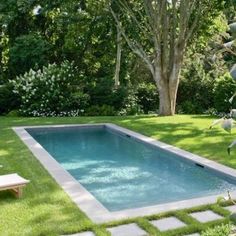 an empty swimming pool surrounded by lush green grass