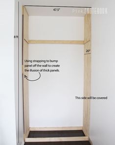 an empty closet with measurements for the door and shelves on each side that are labeled