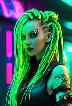 Color For Long Hair Brunettes, Dynamic Faces, Colored Dreadlocks, Green Dreadlocks, Scene Hair Bangs, Blue Dreadlocks, Funky Hairstyles For Long Hair, Green Goth, Neon Crochet