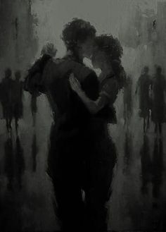 a painting of two people hugging in the rain