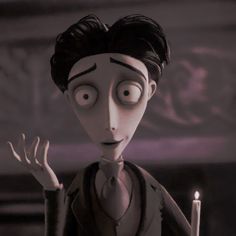 a cartoon character holding a lit candle in front of his face and looking at the camera