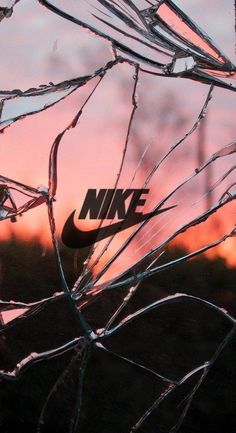 the nike logo is seen through some broken up branches in front of an orange sky