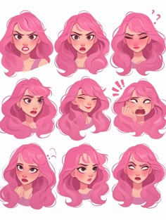 the pink hair girl is making different expressions for her face and head, with various facial expressions