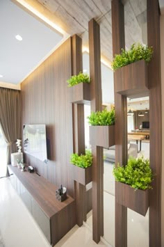 a living room filled with furniture and plants on the wall next to a flat screen tv