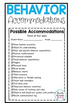 the behavior accommodations for students to use in their classroom, including an observation checklist