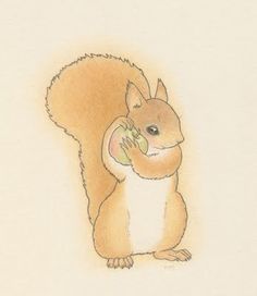 a drawing of a squirrel holding an apple