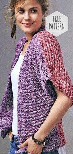 a woman wearing a purple and red knitted cardigan with the words free pattern on it